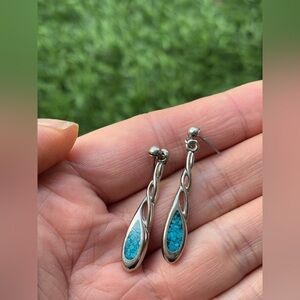Vintage Sterling Silver Tear Drop Dangle Earrings With Inlaid Turquoise …